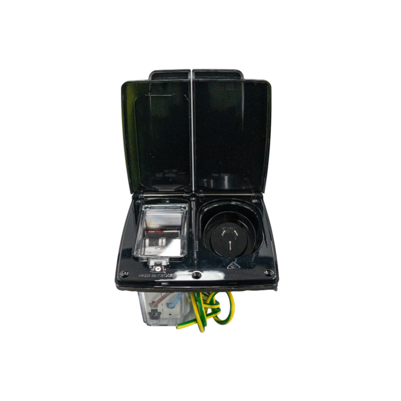 CMS 15AMP Single 15A Autoswitch Inlet Black with RCD Switch -IP44. JILCBBK-A