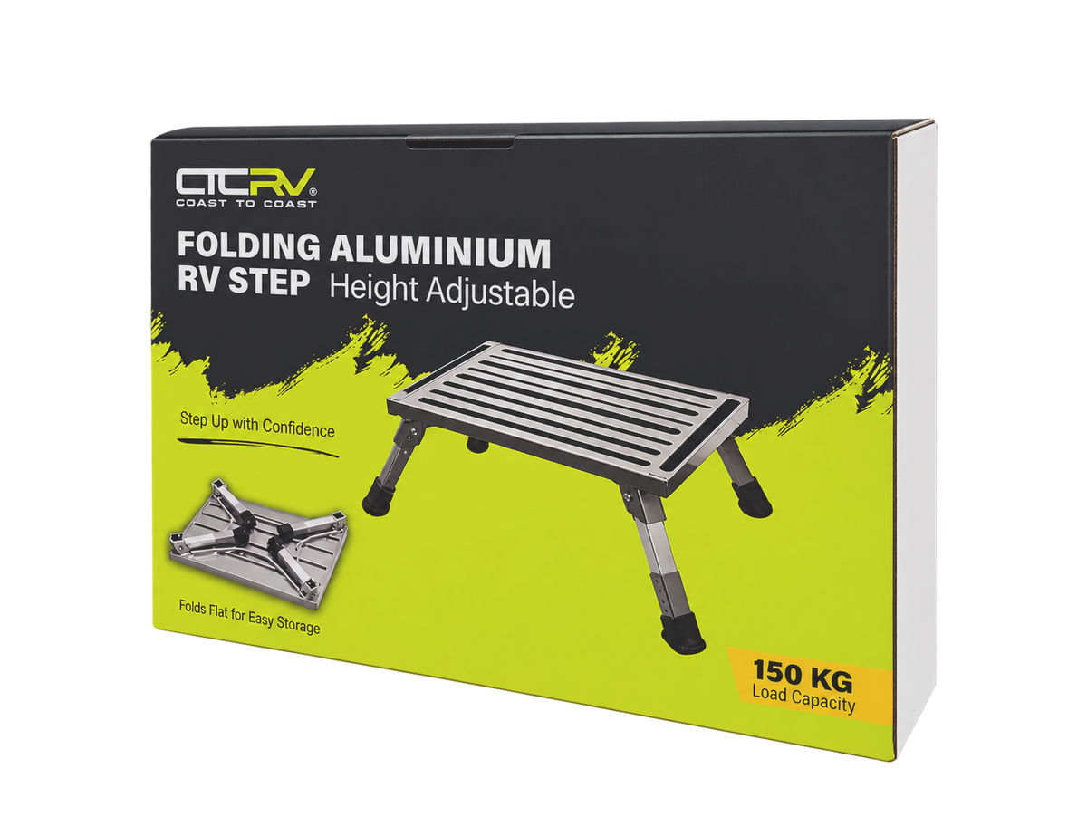 COAST Height Adjustable - Folding ALUMINUM RV Step (150KG Capacity)