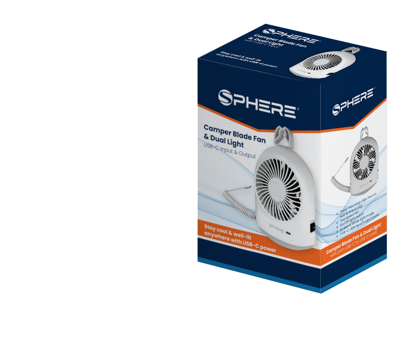SPHERE Camper Blade Fan & Dual Light with USB-C Input | USB-C Cord Inc.