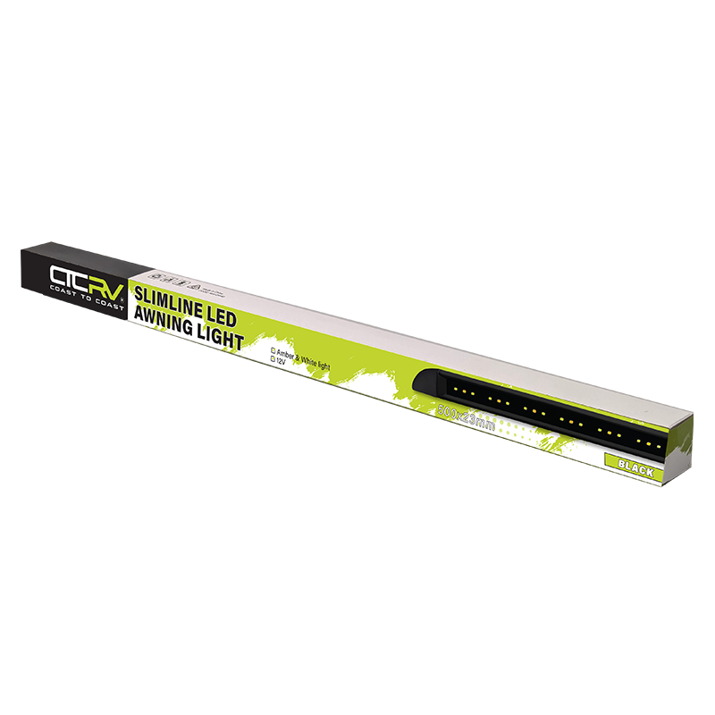 COAST RV Slimline 12V LED Awning Light | Dual Amber & White Light - Black 500mm x 23mm.