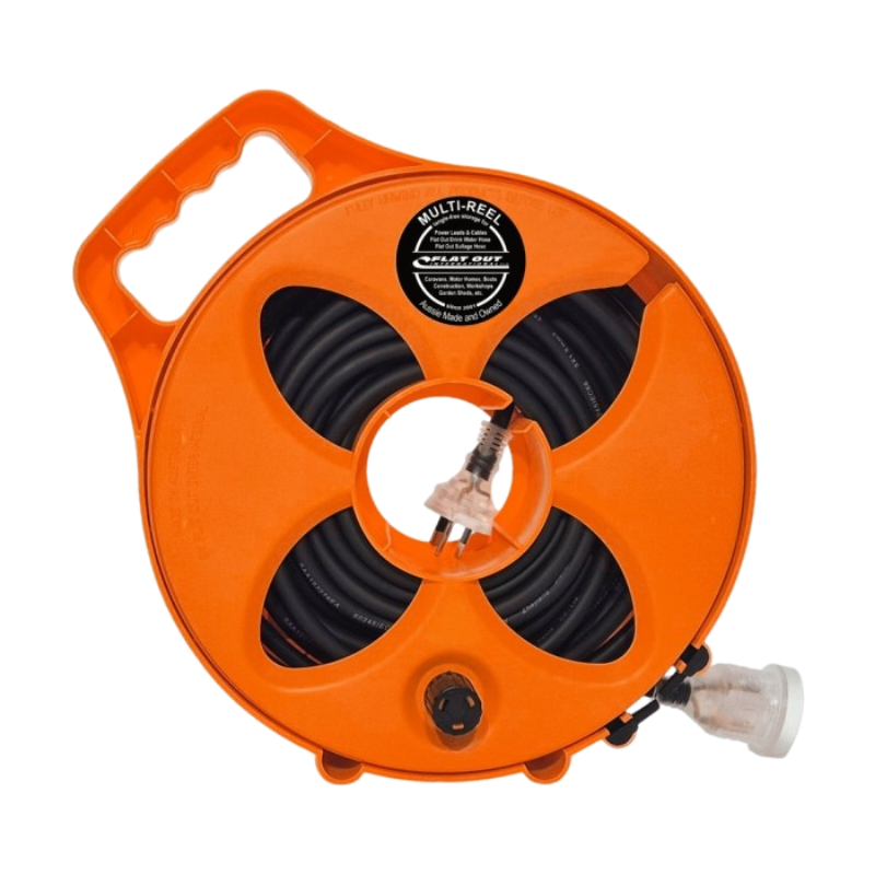 FLAT-OUT 15m 15amp Ext Lead on Compact Multi-Reel - SAFETY ORANGE. C1515S