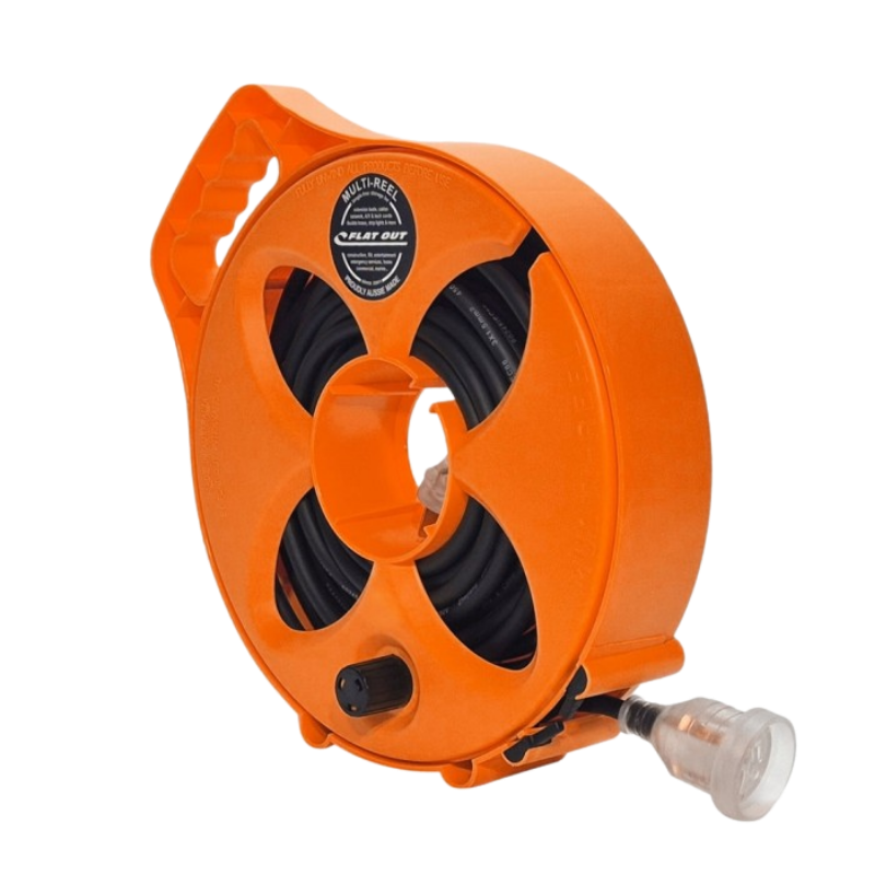FLAT-OUT 15m 15amp Ext Lead on Compact Multi-Reel - SAFETY ORANGE. C1515S