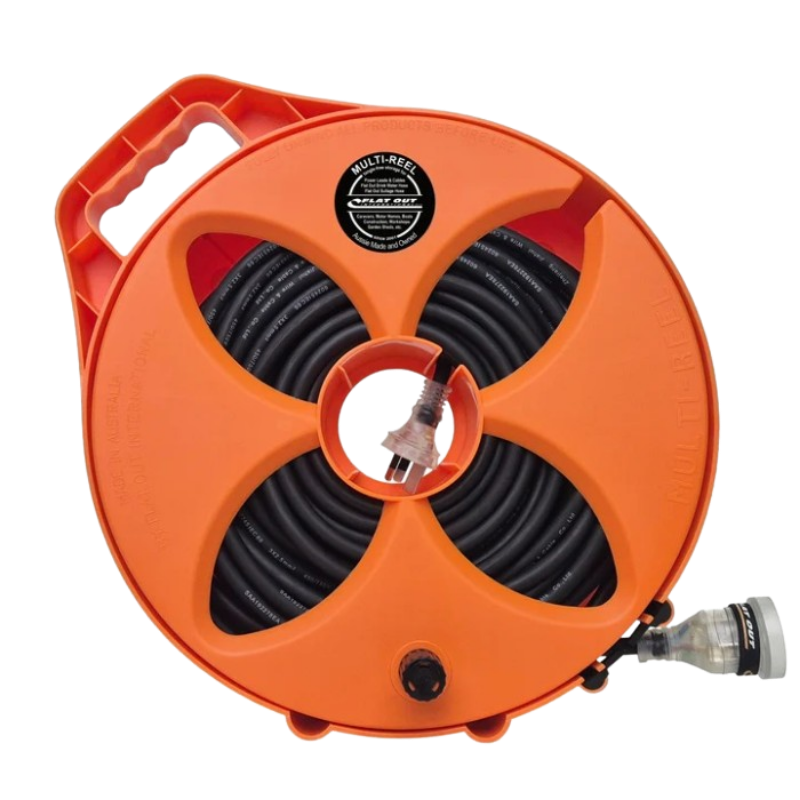 FLAT-OUT 20m 15amp Ext Lead Ex-H-Duty (2.5mm² Core) on Multi-Reel - ORANGE. M2015HS