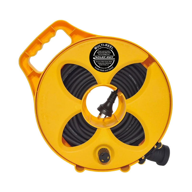 FLAT-OUT 15m 10amp Ext Lead on Compact  Multi-Reel - AUSSIE GOLD. C1510A