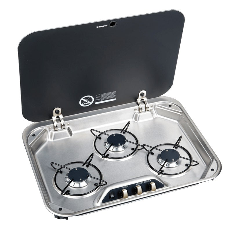 DOMETIC 3 BURNER COOKTOP FLUSH MT S/S C/W GLASS LID & 12V IGN