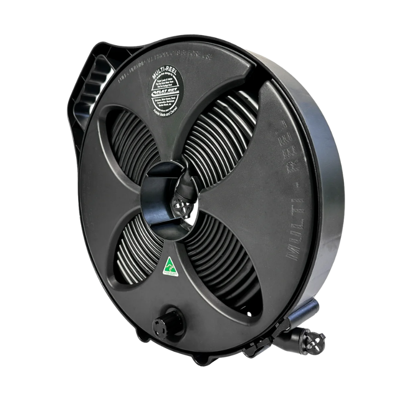 FLAT-OUT 25mm Sullage Hose: 9 m on Narrow Multi-Reel - MATTE BLACK. M3NK