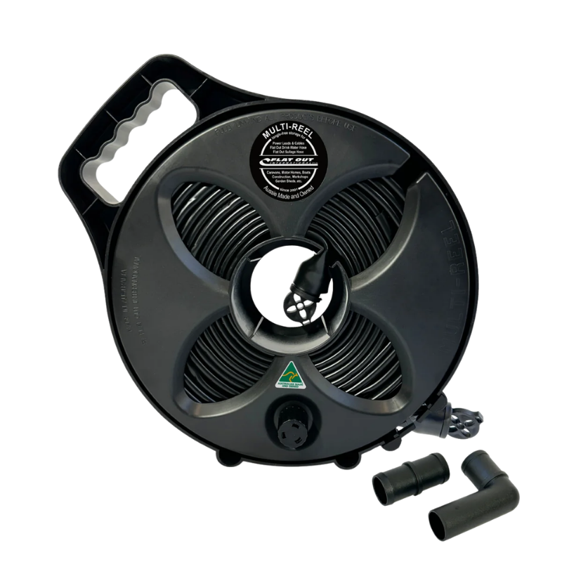 FLAT-OUT 25mm Sullage Hose: 6m on Compact Multi-Reel - MATTE BLACK. C3K