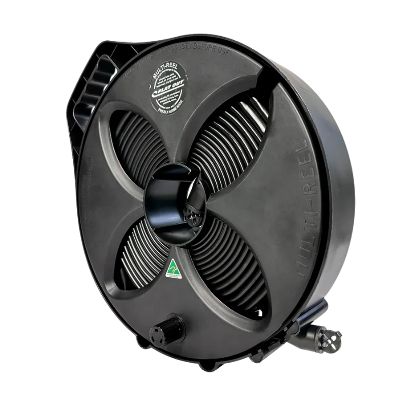 FLAT-OUT 32mm Sullage Hose 9 m on Original Multi-Reel - MATTE BLACK. M4K