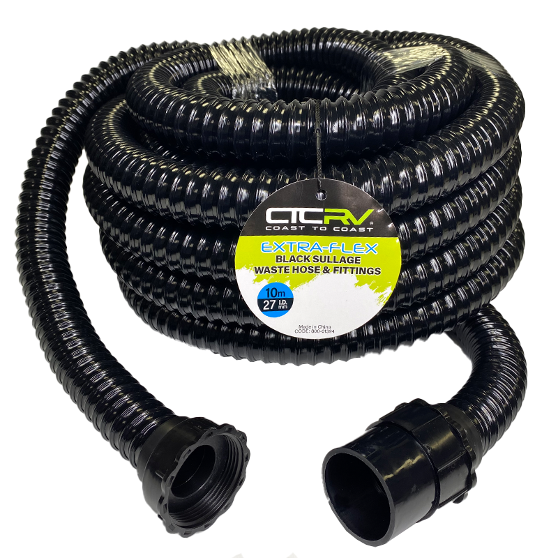 COAST RV EXTRA-FLEX Sullage Waste Hose with 40mm Fittings - 10m BLK Roll - 27mm I.D.
