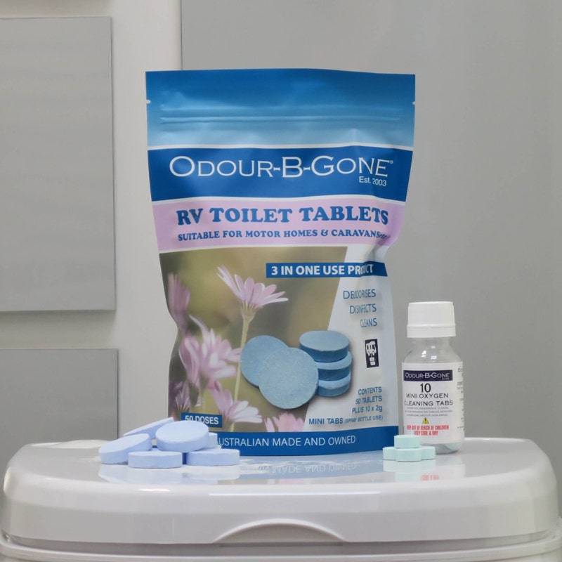 ODOUR B GONE PLUS - RV Toilet Tablets. Blue 8g - 50 Pack (Plus 10x2g MINI Oxygen Tabs)