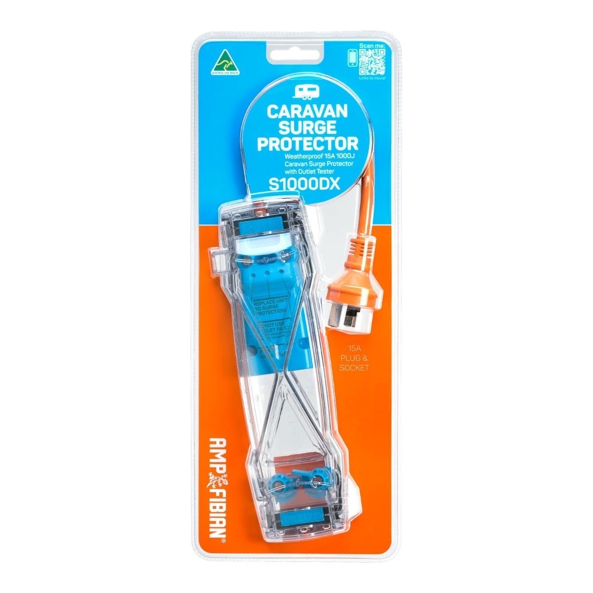 Ampfibian Weatherproof 15A Caravan Surge Protector with Outlet Tester S1000DX