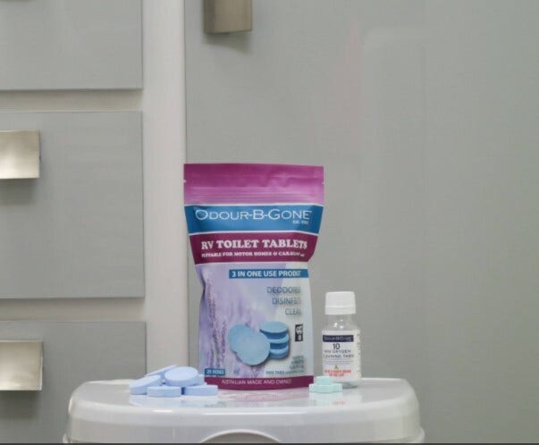 ODOUR B GONE PLUS - RV Toilet Tablets. Blue 8g - 25 Pack (Plus 10x2g MINI Oxygen Tabs)