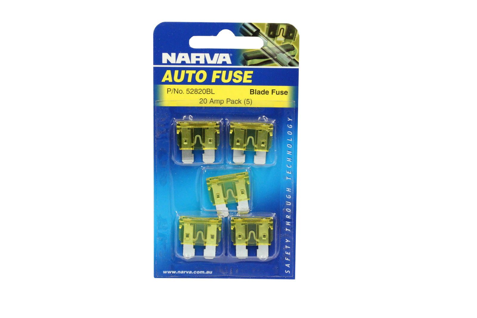 NARVA 20 Amp YELLOW ATS Blade Fuse - 5 Per Pack. 52820BL